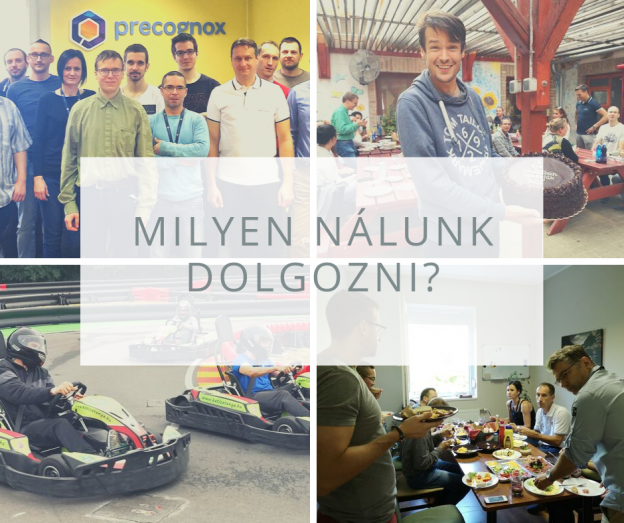 Egy kép a cég közösségi eseményeiről: étkezés, gokart, játék.