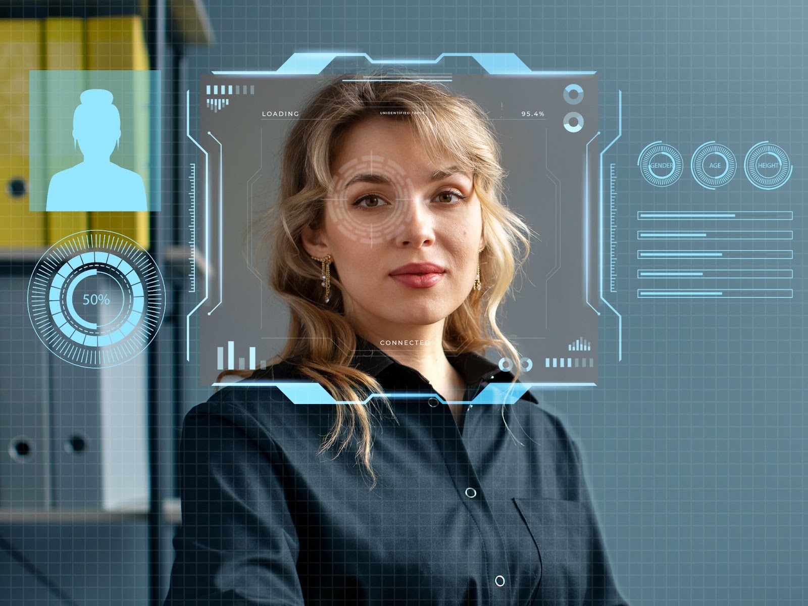 Candidate analyzed by artificial intelligence with facial recognition and digital data visualization.