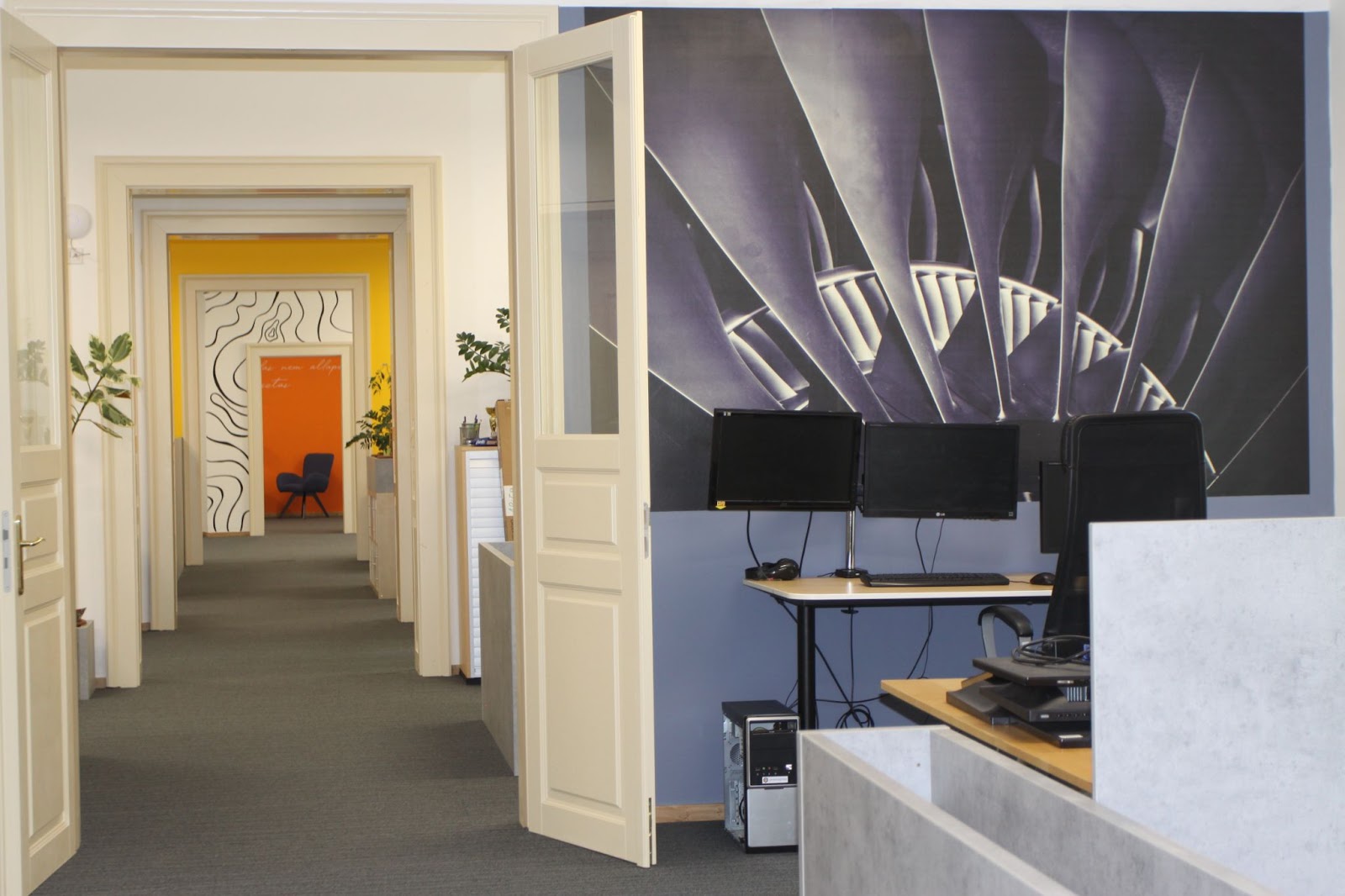 Több egybenyitott iroda. Szőnyegpadlóval burkolt. Az ajtók igényes vajszínűre festett és mart fa. A falon színes és igényes sdekorációk.