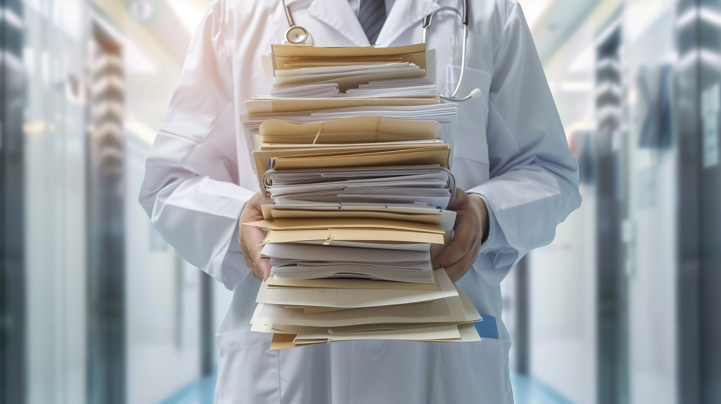 Digital Medical Assistant - for a new era of medical documentation image: A doctor is holding a lot of medical documents