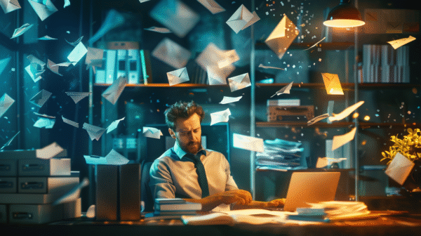 A man overwhelmed by flying letters and documents in a chaotic office, representing information overload.