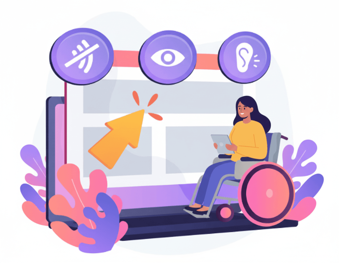 Kerekesszékes felhasználó és kisegítő technológiákat jelképező ikonok egy nagy kijelző előtt.